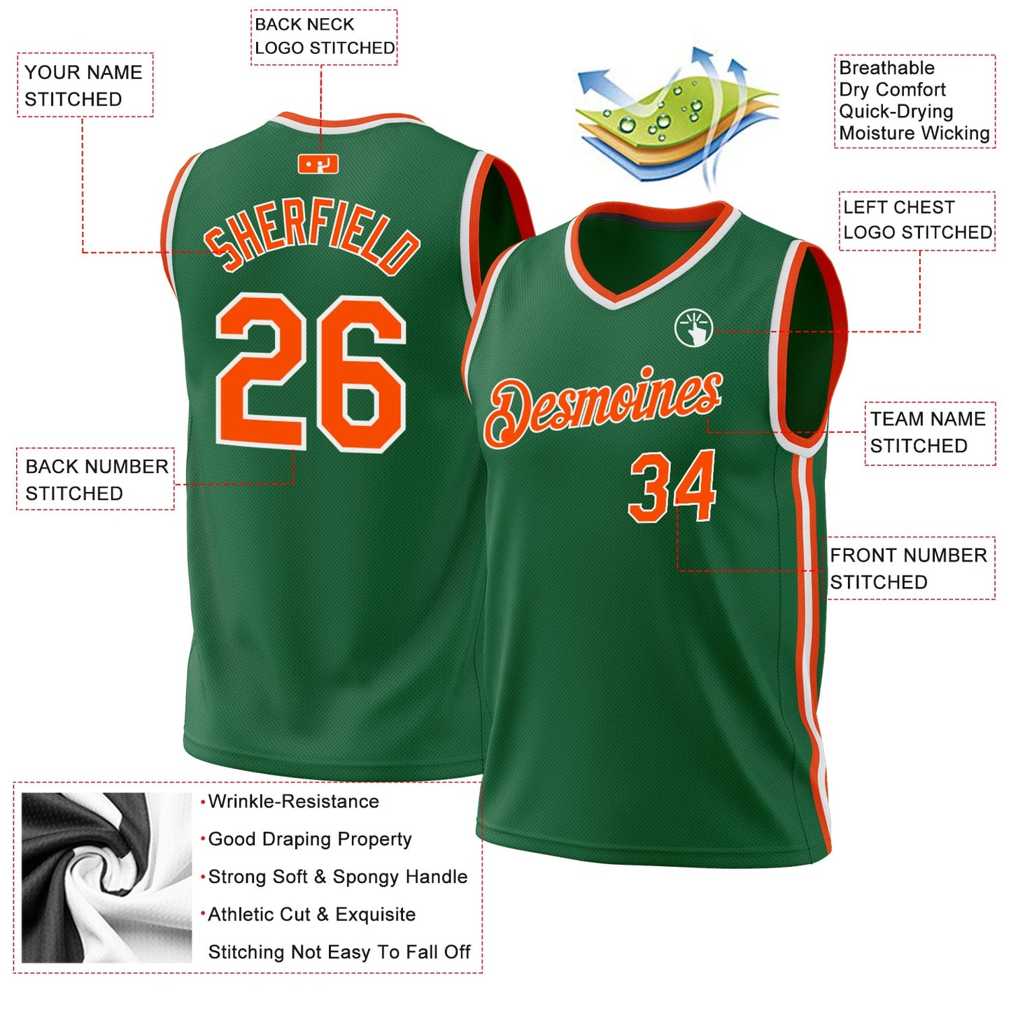 Custom Kelly Green Orange-White Authentic Throwback Basketball Jersey view 3