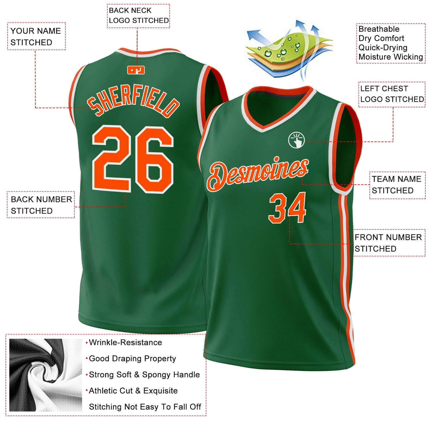 Custom Kelly Green Orange-White Authentic Throwback Basketball Jersey view 3