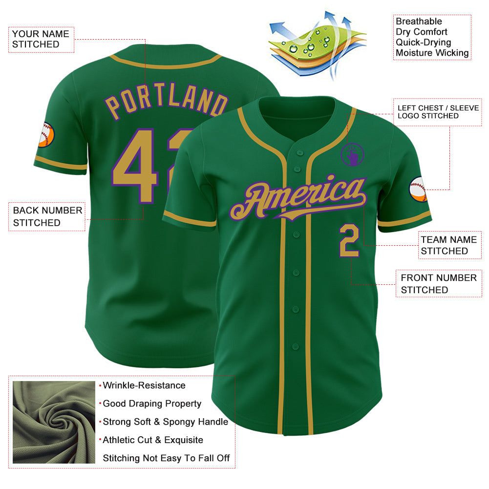 Custom Kelly Green Old Gold-Purple Authentic Baseball Jersey view 3