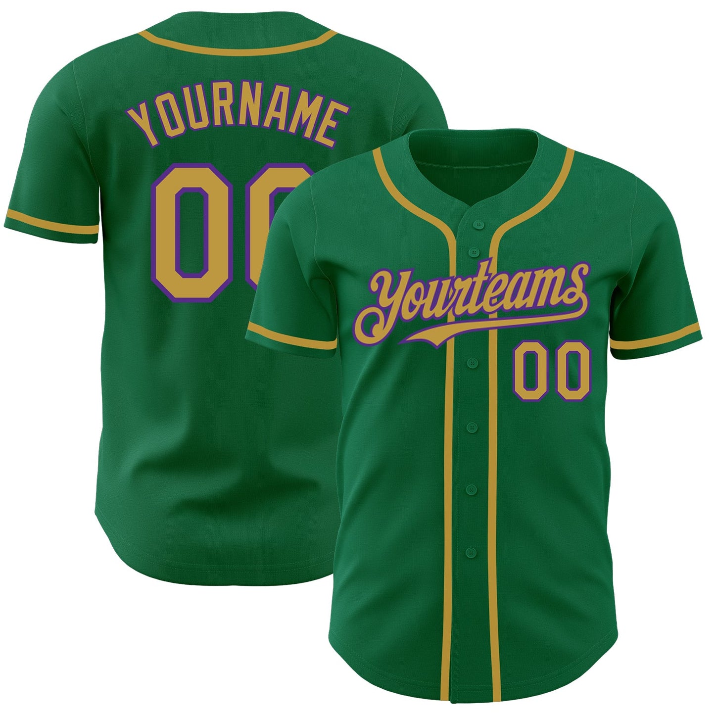 Custom Kelly Green Old Gold-Purple Authentic Baseball Jersey - Main View