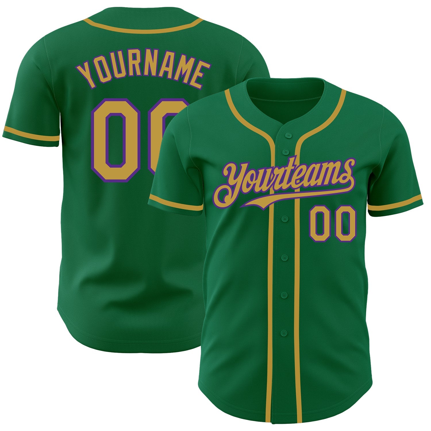 Custom Kelly Green Old Gold-Purple Authentic Baseball Jersey - Main View