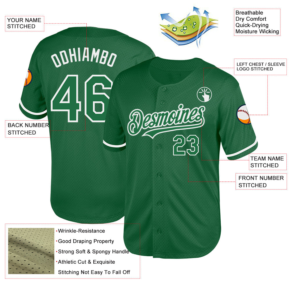 Custom Kelly Green White Mesh Authentic Throwback Baseball Jersey view 3