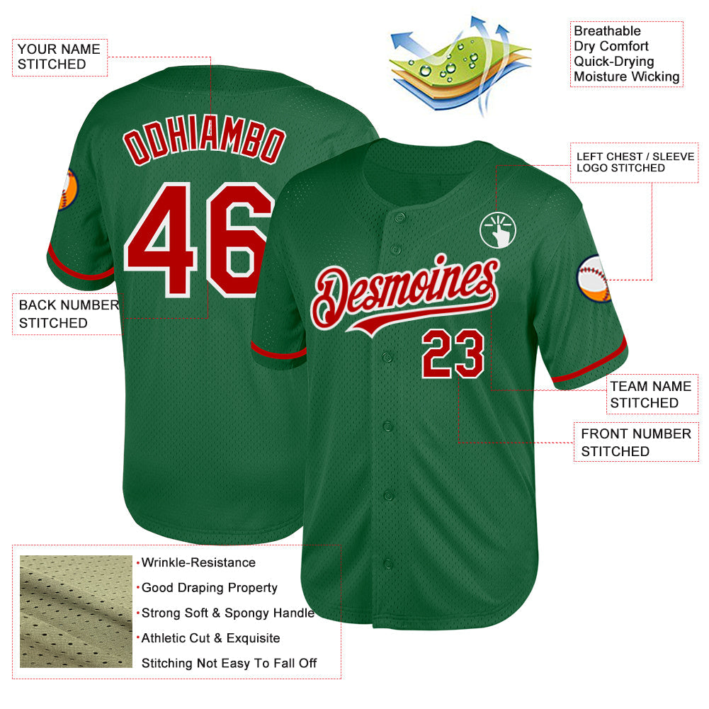 Custom Kelly Green Red-White Mesh Authentic Throwback Baseball Jersey view 3