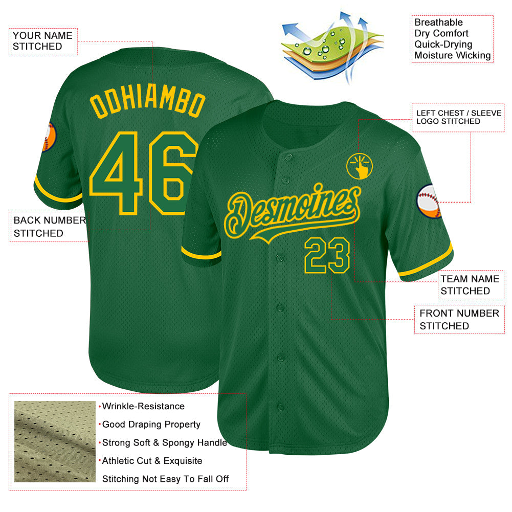 Custom Kelly Green Yellow Mesh Authentic Throwback Baseball Jersey view 3