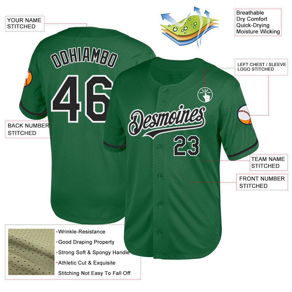 Custom Kelly Green Black-White Mesh Authentic Throwback Baseball Jersey view 3
