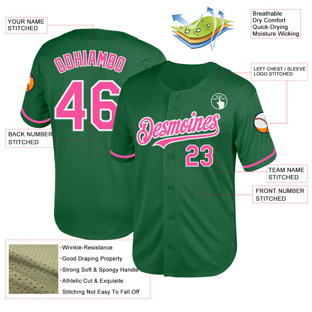 Custom Kelly Green Pink-White Mesh Authentic Throwback Baseball Jersey view 3