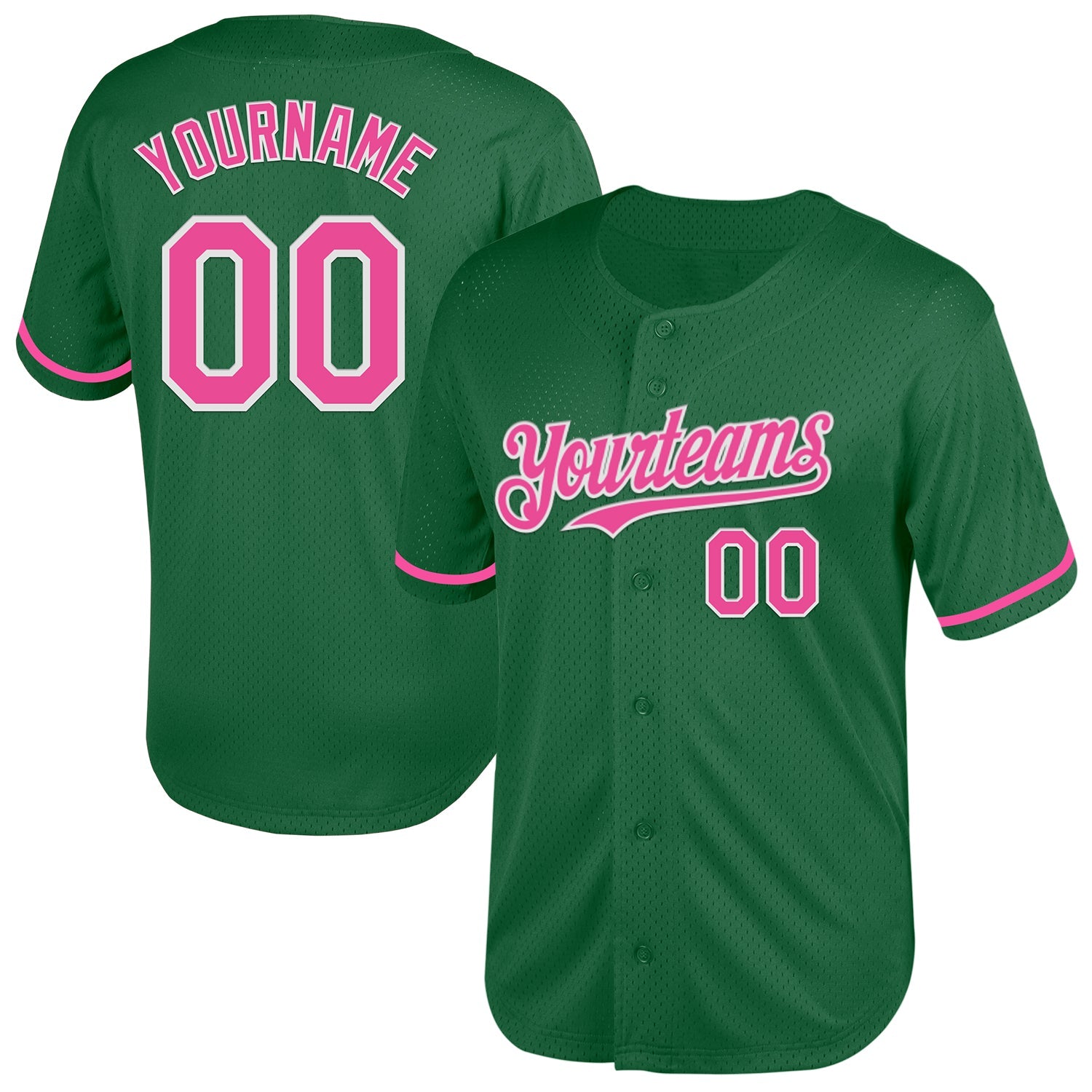 Custom Kelly Green Pink-White Mesh Authentic Throwback Baseball Jersey - Main View