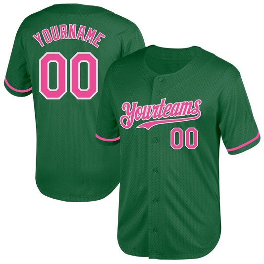 Custom Kelly Green Pink-White Mesh Authentic Throwback Baseball Jersey - Main View