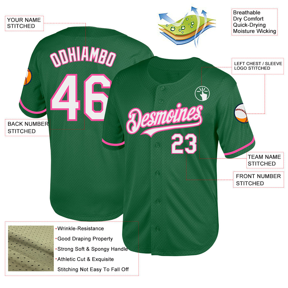 Custom Kelly Green White-Pink Mesh Authentic Throwback Baseball Jersey view 3