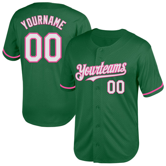 Custom Kelly Green White-Pink Mesh Authentic Throwback Baseball Jersey - Main View