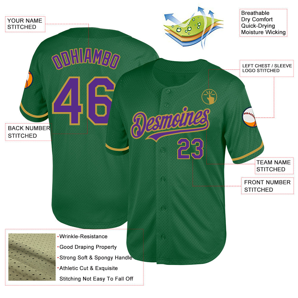 Custom Kelly Green Purple-Old Gold Mesh Authentic Throwback Baseball Jersey view 3