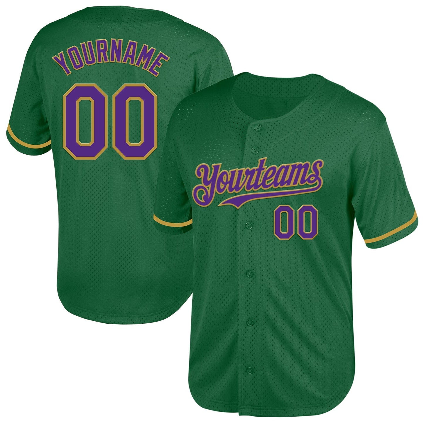 Custom Kelly Green Purple-Old Gold Mesh Authentic Throwback Baseball Jersey - Main View