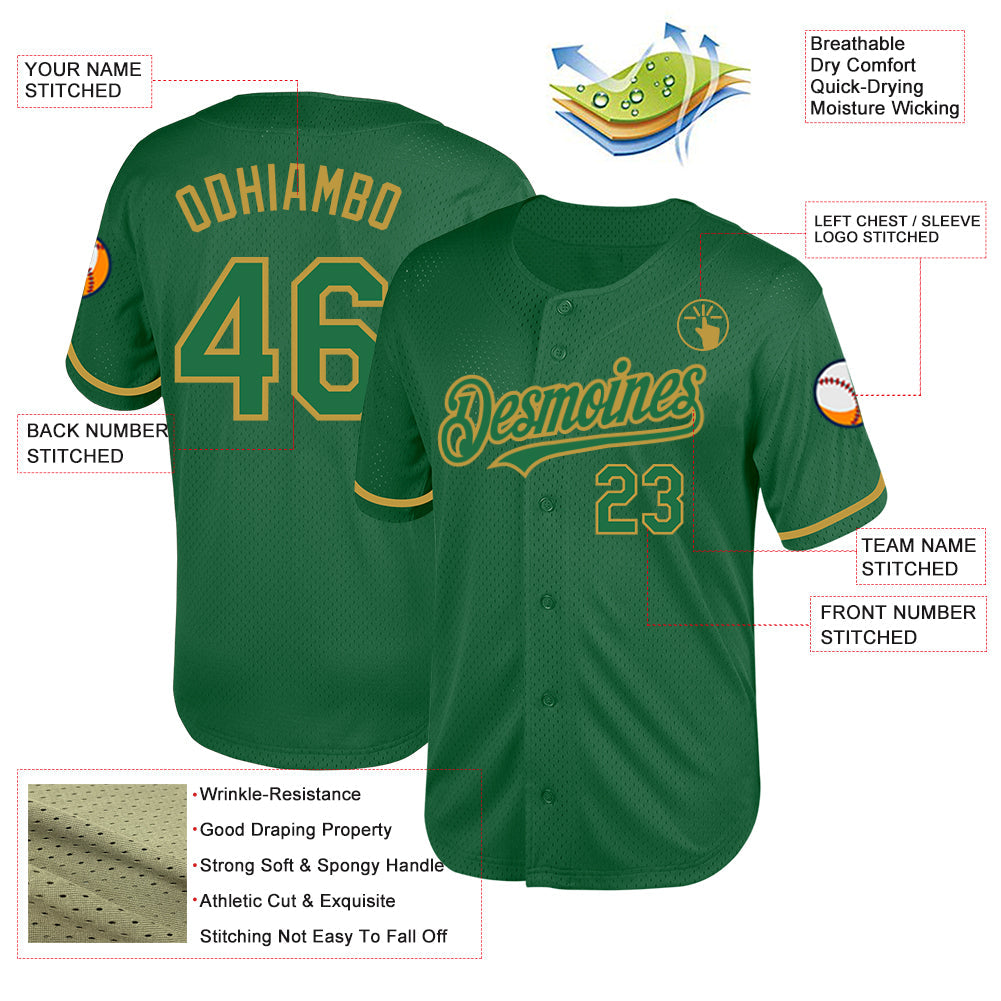 Custom Kelly Green Old Gold Mesh Authentic Throwback Baseball Jersey view 3