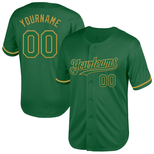 Custom Kelly Green Old Gold Mesh Authentic Throwback Baseball Jersey - Main View