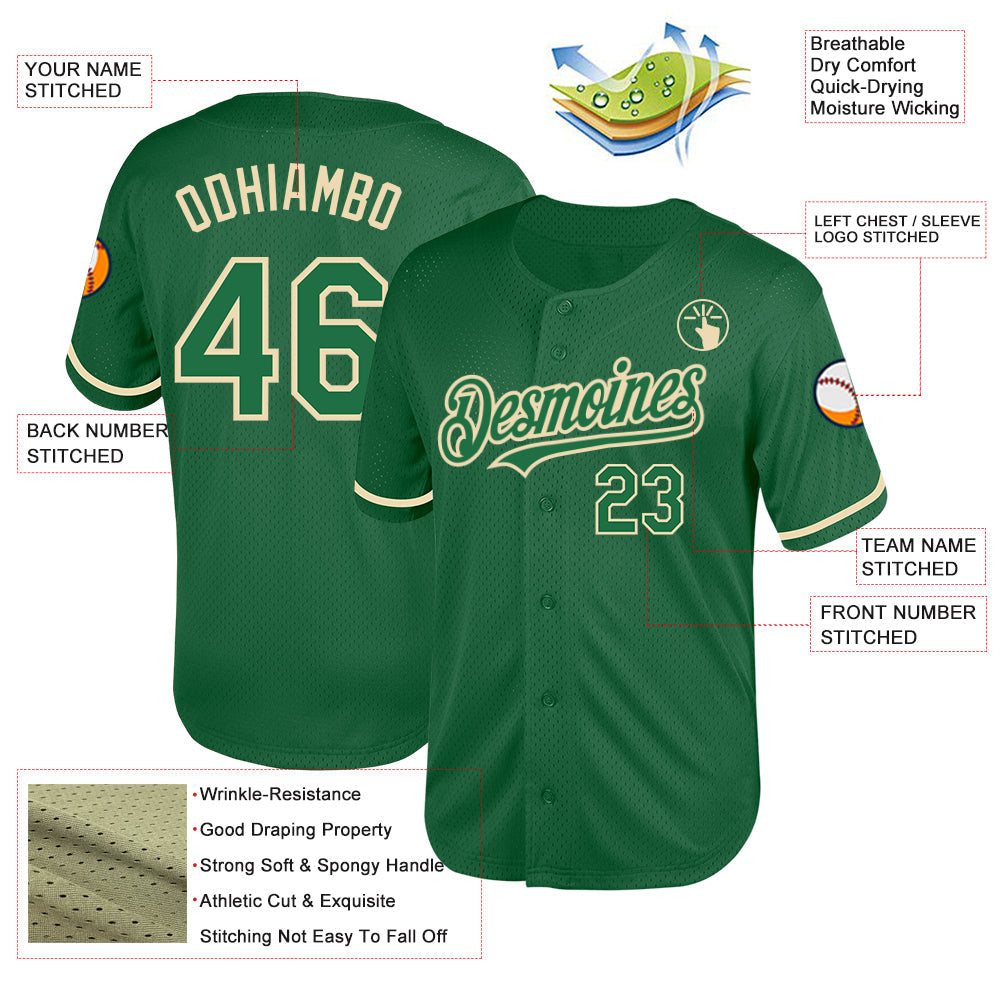 Custom Kelly Green Cream Mesh Authentic Throwback Baseball Jersey view 3