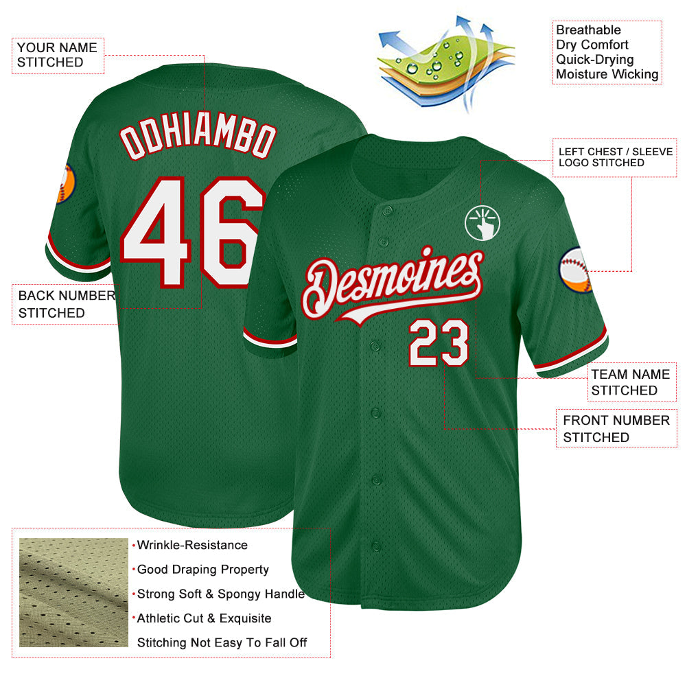 Custom Kelly Green White-Red Mesh Authentic Throwback Baseball Jersey view 3
