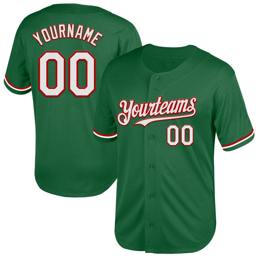 Custom Kelly Green White-Red Mesh Authentic Throwback Baseball Jersey - Main View