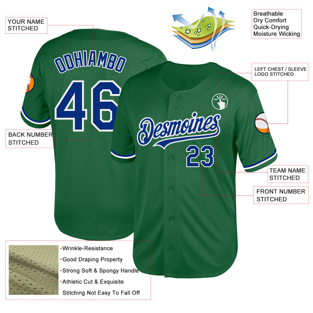 Custom Kelly Green Royal-White Mesh Authentic Throwback Baseball Jersey view 3