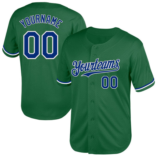Custom Kelly Green Royal-White Mesh Authentic Throwback Baseball Jersey - Main View