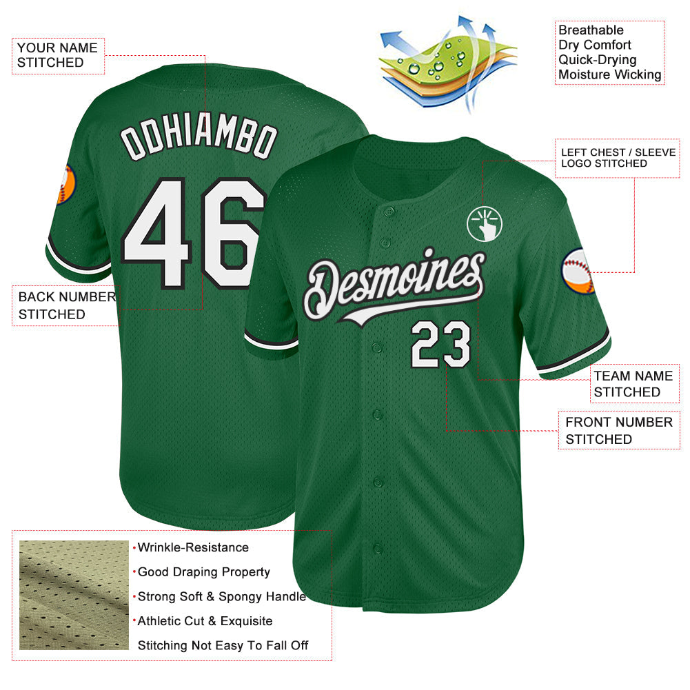 Custom Kelly Green White-Black Mesh Authentic Throwback Baseball Jersey view 3