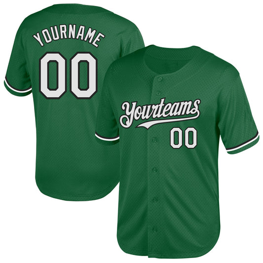 Custom Kelly Green White-Black Mesh Authentic Throwback Baseball Jersey - Main View