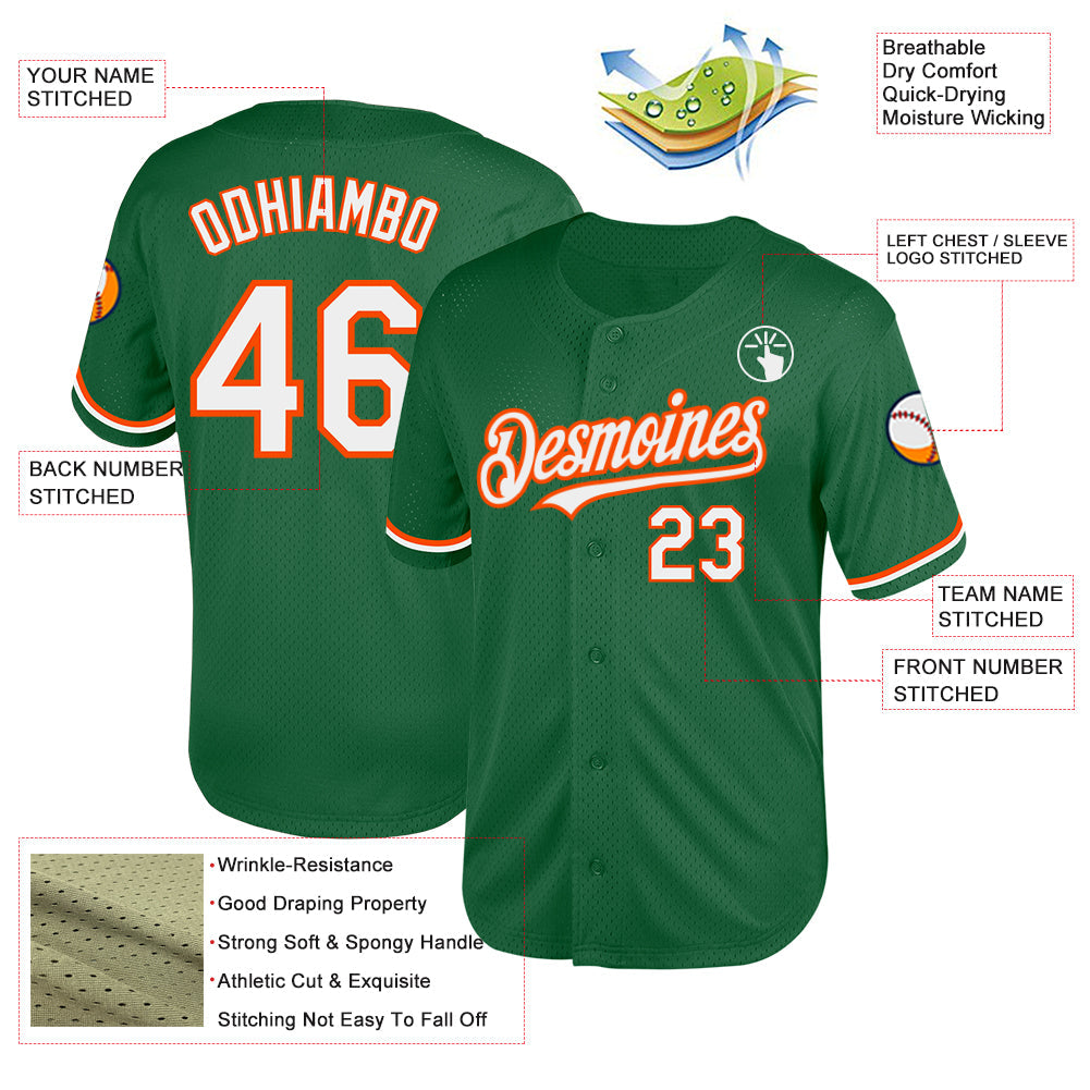 Custom Kelly Green White-Orange Mesh Authentic Throwback Baseball Jersey view 3