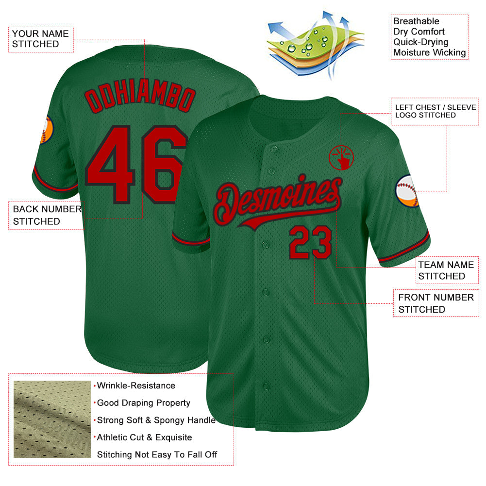 Custom Kelly Green Red-Black Mesh Authentic Throwback Baseball Jersey view 3