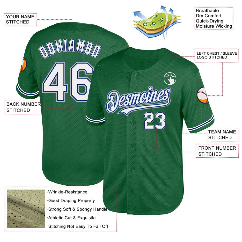 Custom Kelly Green Royal-Gray Mesh Authentic Throwback Baseball Jersey view 3