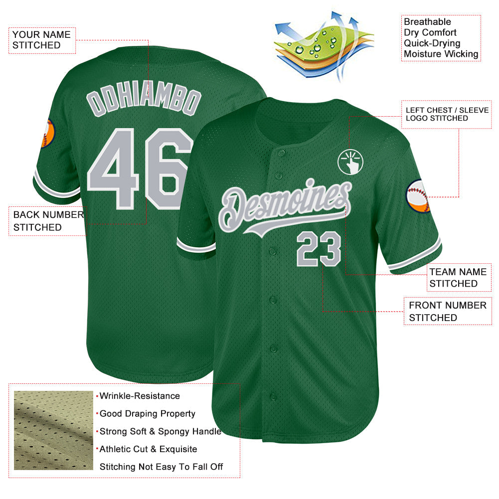 Custom Kelly Green Gray-White Mesh Authentic Throwback Baseball Jersey view 3
