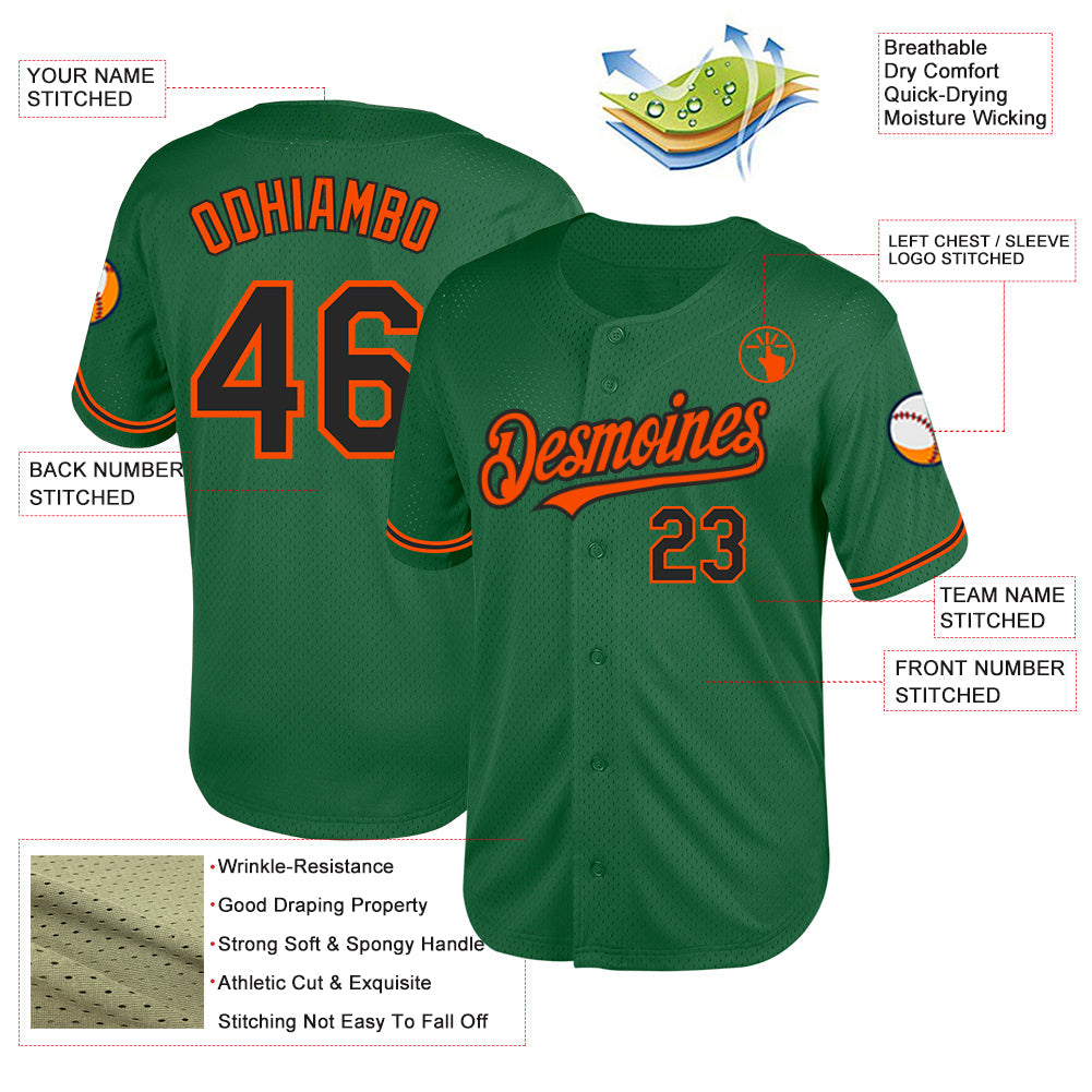 Custom Kelly Green Black-Orange Mesh Authentic Throwback Baseball Jersey view 3