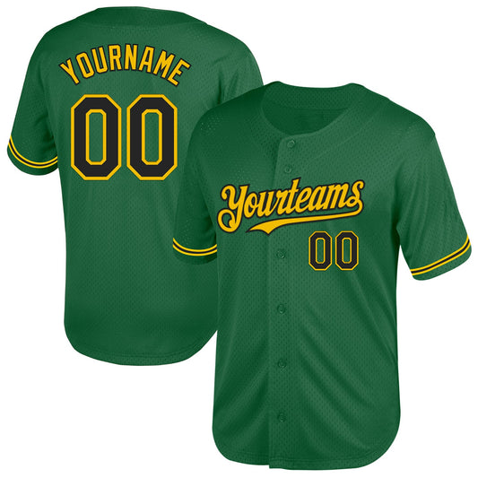 Custom Kelly Green Black-Yellow Mesh Authentic Throwback Baseball Jersey - Main View