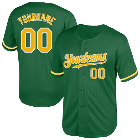 Custom Kelly Green Gold-White Mesh Authentic Throwback Baseball Jersey - Main View