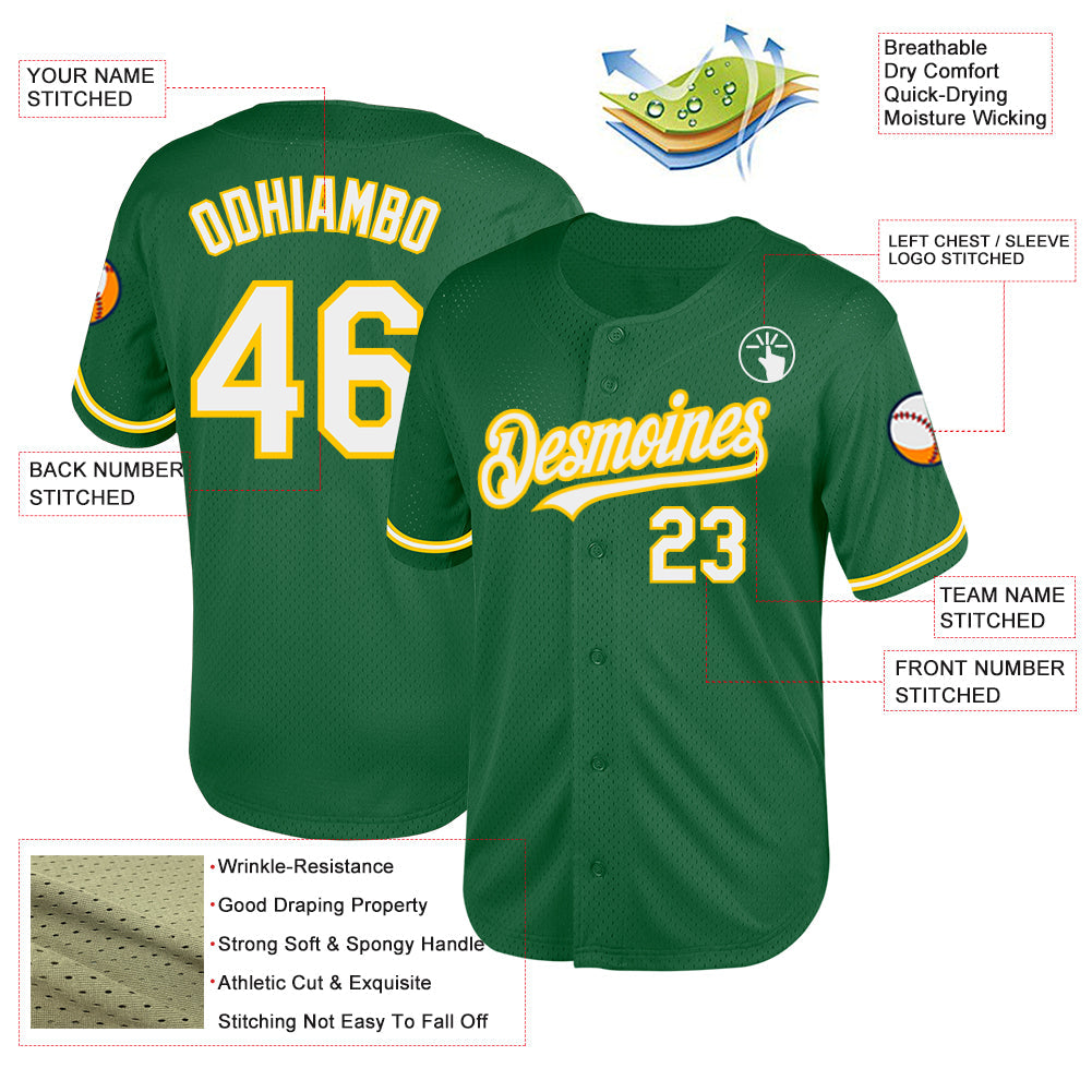 Custom Kelly Green White-Yellow Mesh Authentic Throwback Baseball Jersey view 3