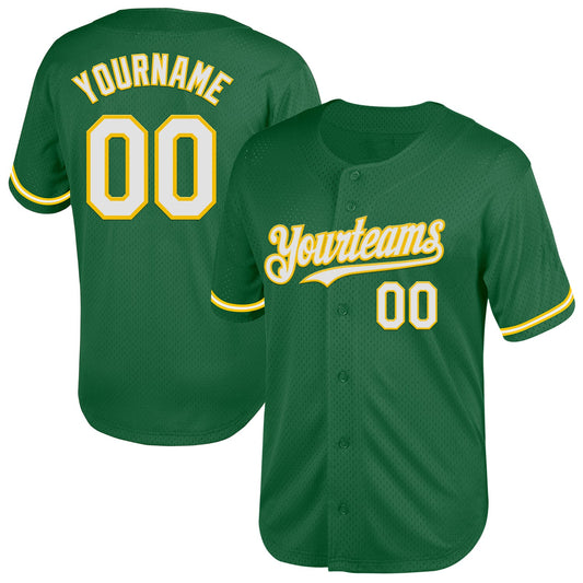 Custom Kelly Green White-Yellow Mesh Authentic Throwback Baseball Jersey - Main View