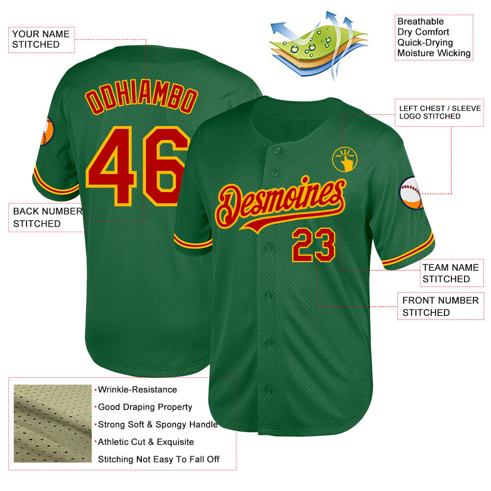 Custom Kelly Green Red-Gold Mesh Authentic Throwback Baseball Jersey view 3