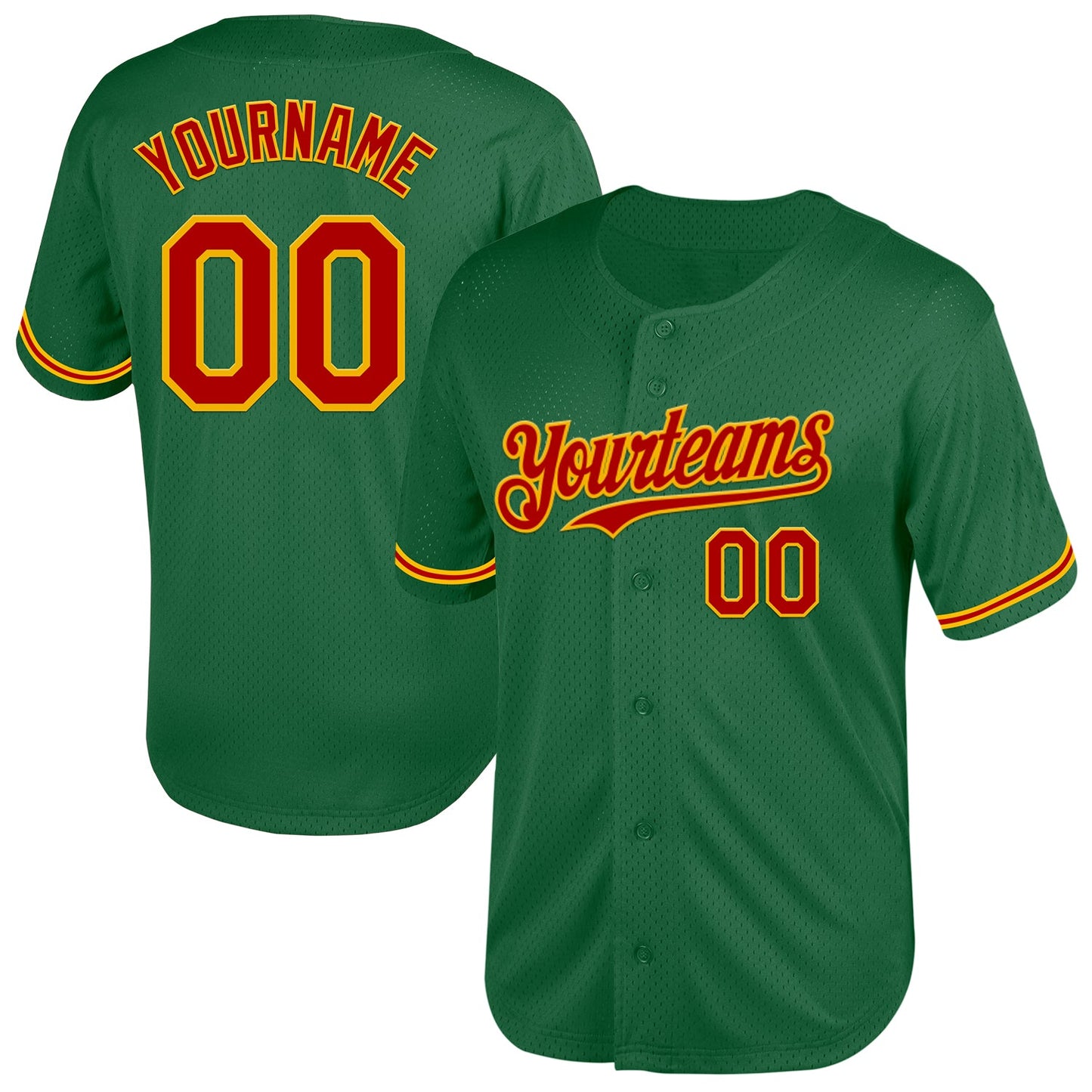 Custom Kelly Green Red-Gold Mesh Authentic Throwback Baseball Jersey - Main View