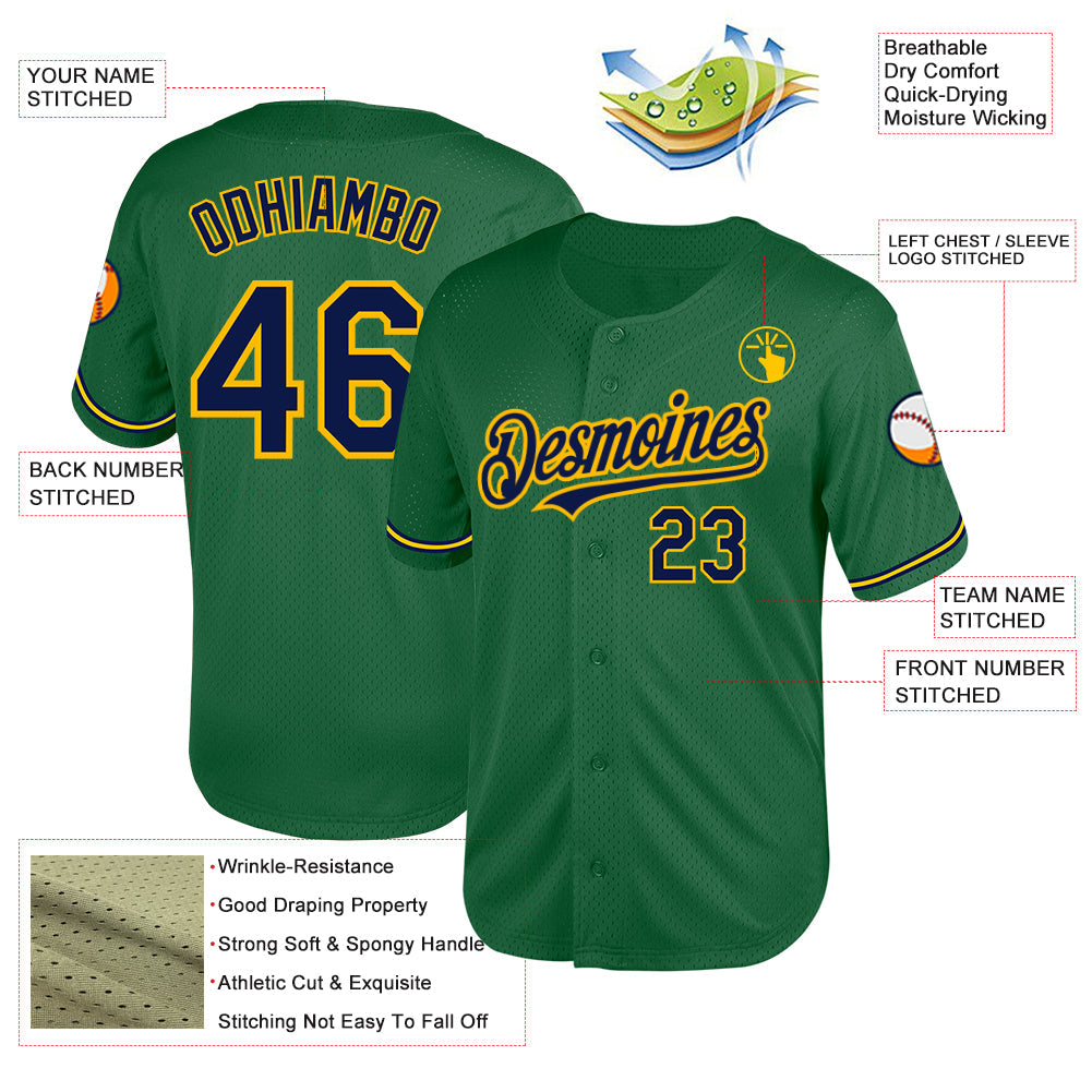 Custom Kelly Green Navy-Yellow Mesh Authentic Throwback Baseball Jersey view 3