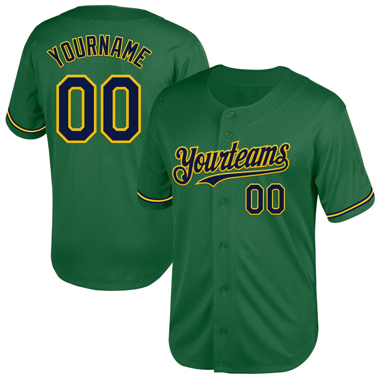 Custom Kelly Green Navy-Yellow Mesh Authentic Throwback Baseball Jersey - Main View
