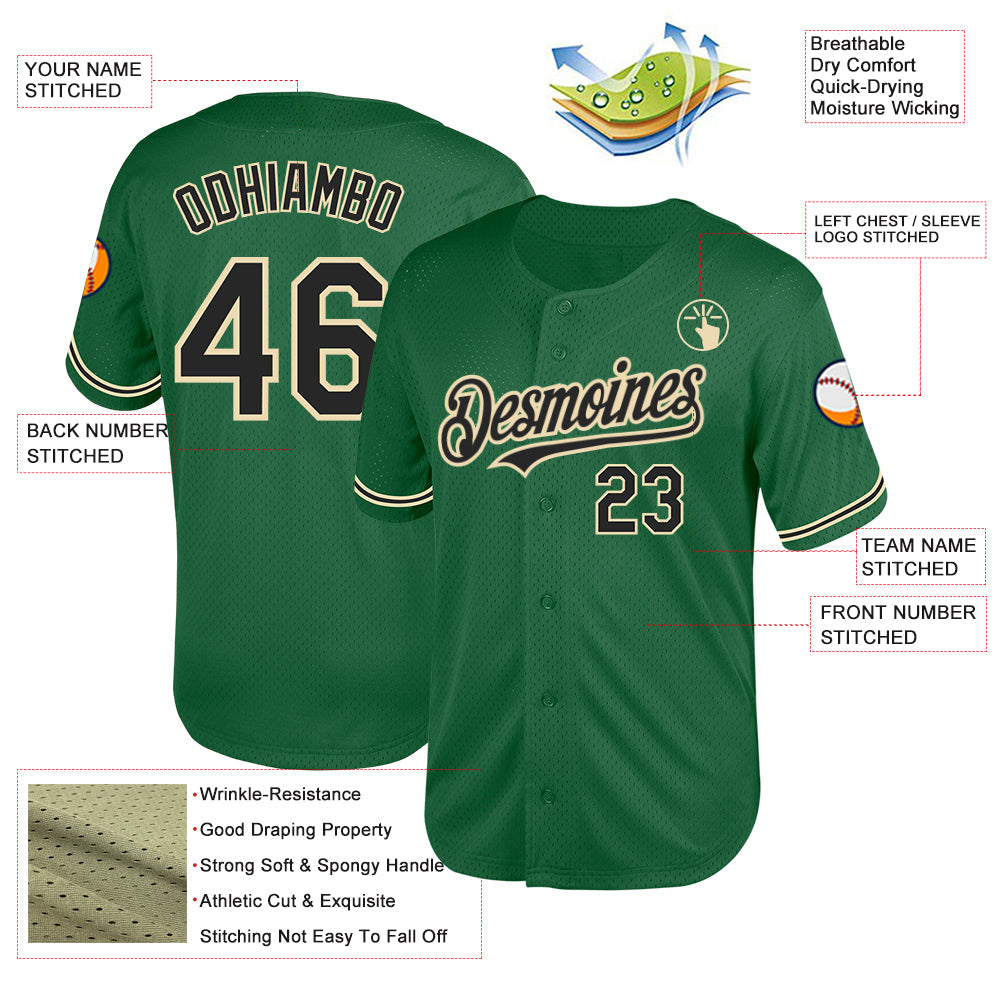 Custom Kelly Green Black-City Cream Mesh Authentic Throwback Baseball Jersey view 3