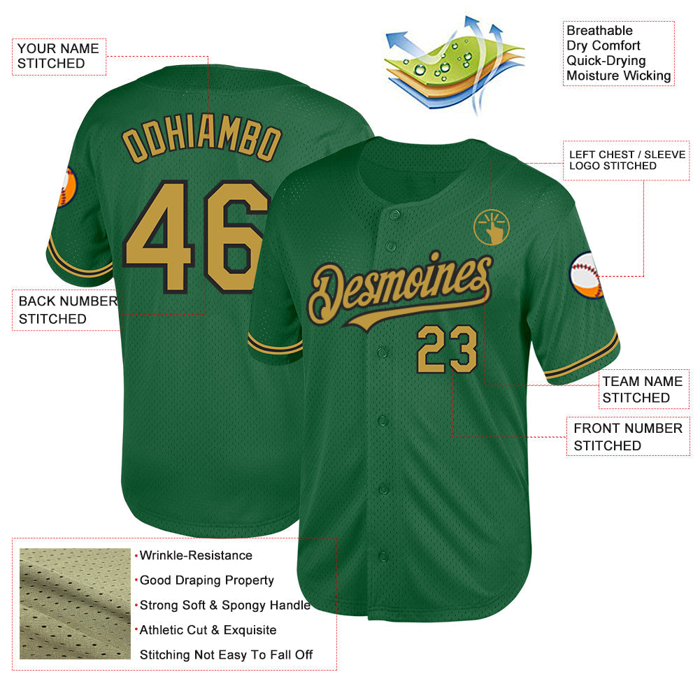 Custom Kelly Green Old Gold-Black Mesh Authentic Throwback Baseball Jersey view 3