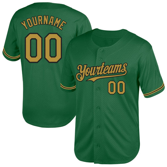 Custom Kelly Green Old Gold-Black Mesh Authentic Throwback Baseball Jersey - Main View