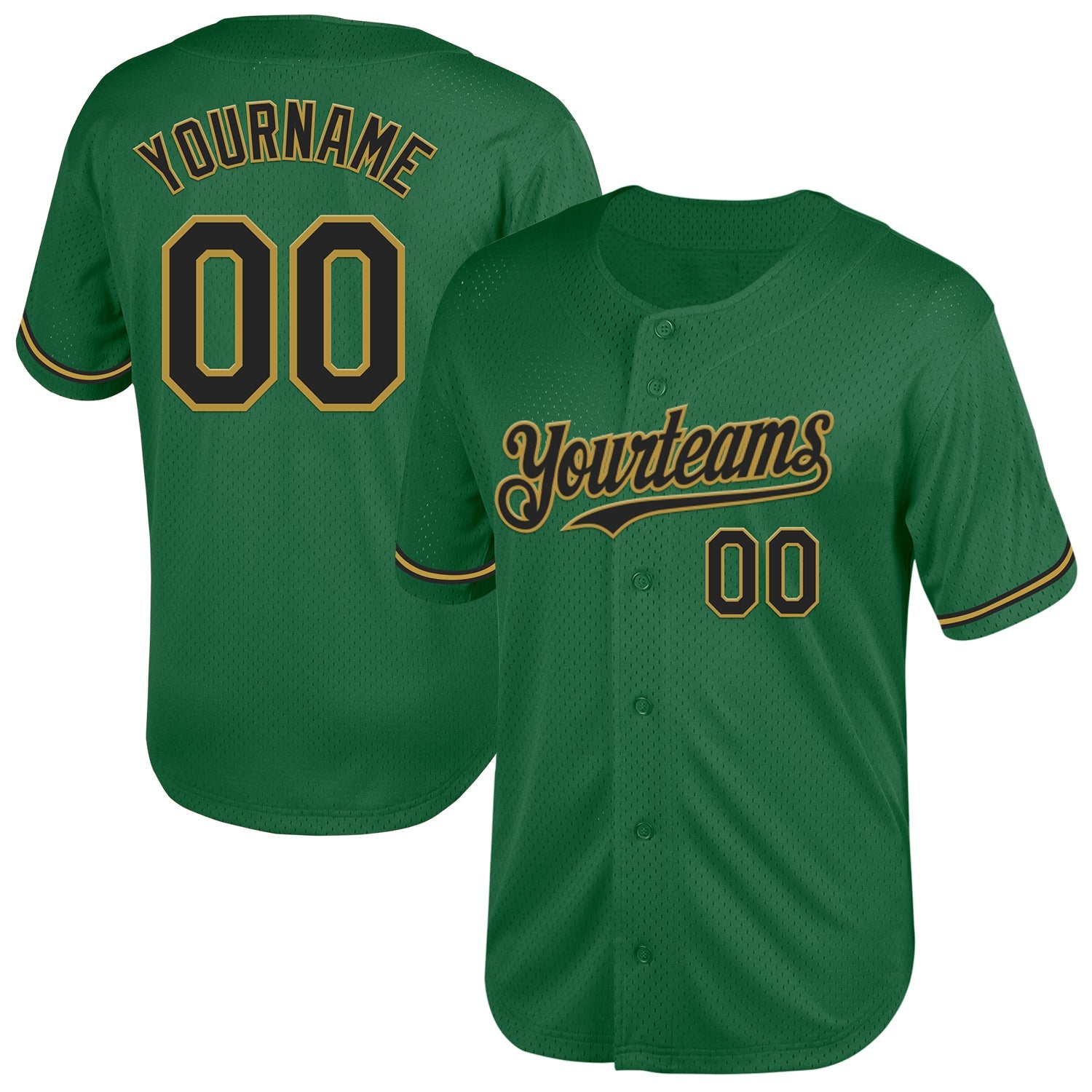Custom Kelly Green Black-Old Gold Mesh Authentic Throwback Baseball Jersey - Main View