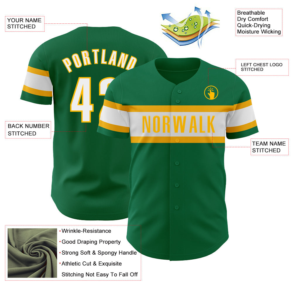 Custom Kelly Green White-Gold Authentic Baseball Jersey view 3