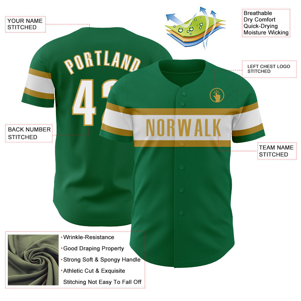 Custom Kelly Green White-Old Gold Authentic Baseball Jersey view 3