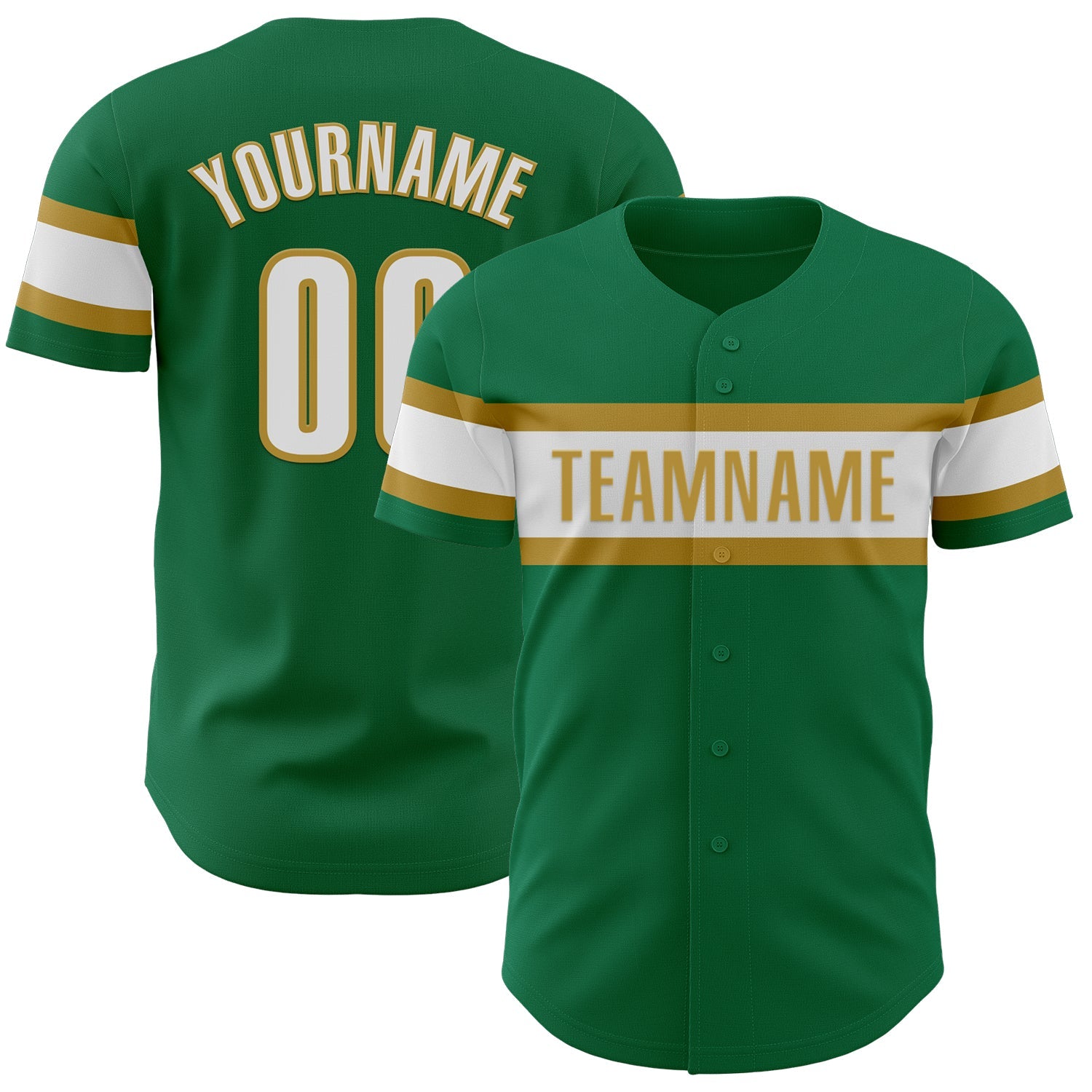 Custom Kelly Green White-Old Gold Authentic Baseball Jersey - Main View