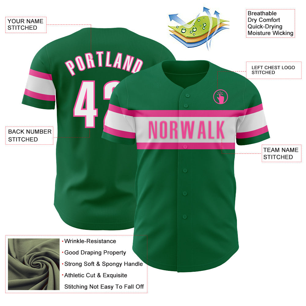 Custom Kelly Green White-Pink Authentic Baseball Jersey view 3