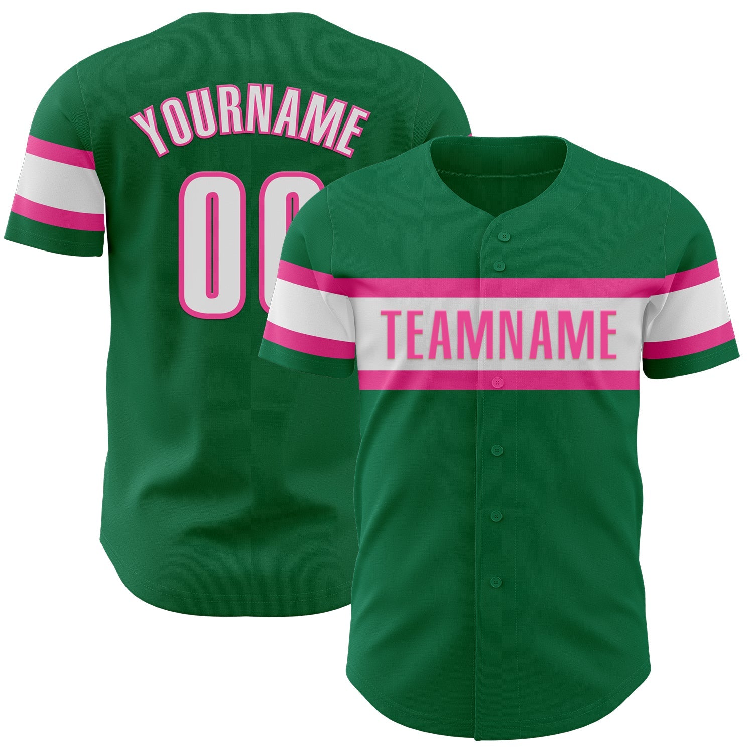 Custom Kelly Green White-Pink Authentic Baseball Jersey - Main View
