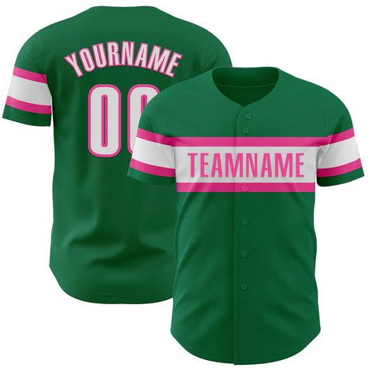 Custom Kelly Green White-Pink Authentic Baseball Jersey - Main View