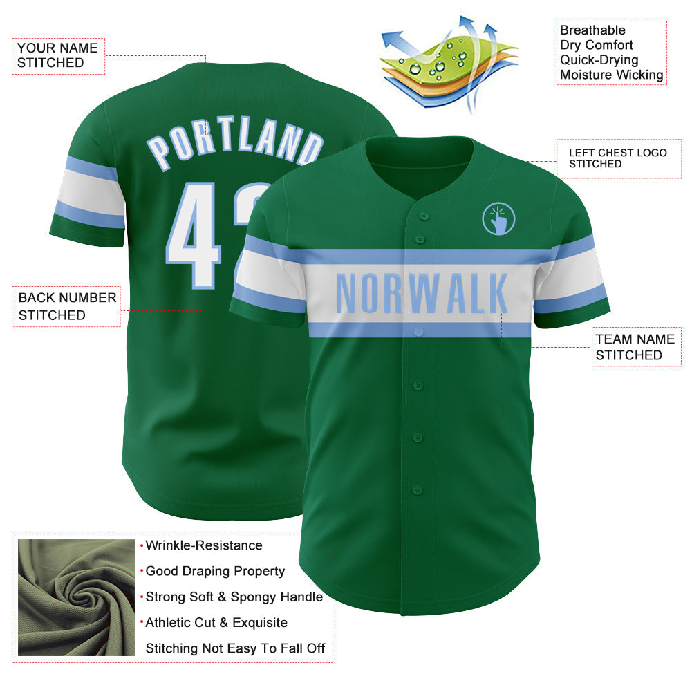 Custom Kelly Green White-Light Blue Authentic Baseball Jersey view 3