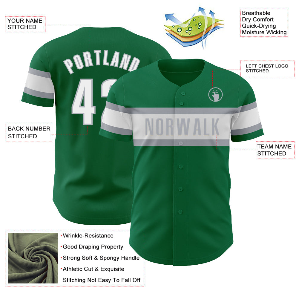 Custom Kelly Green White-Gray Authentic Baseball Jersey view 3